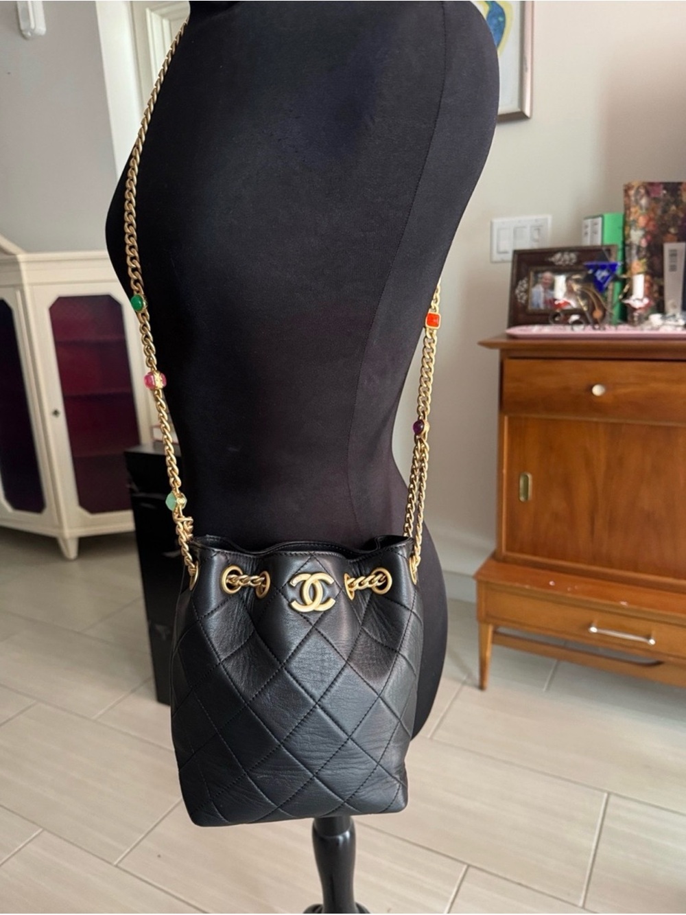 Chanel Black Quilted Leather Drawstring Bucket Bag with Gold Chain VIP gift